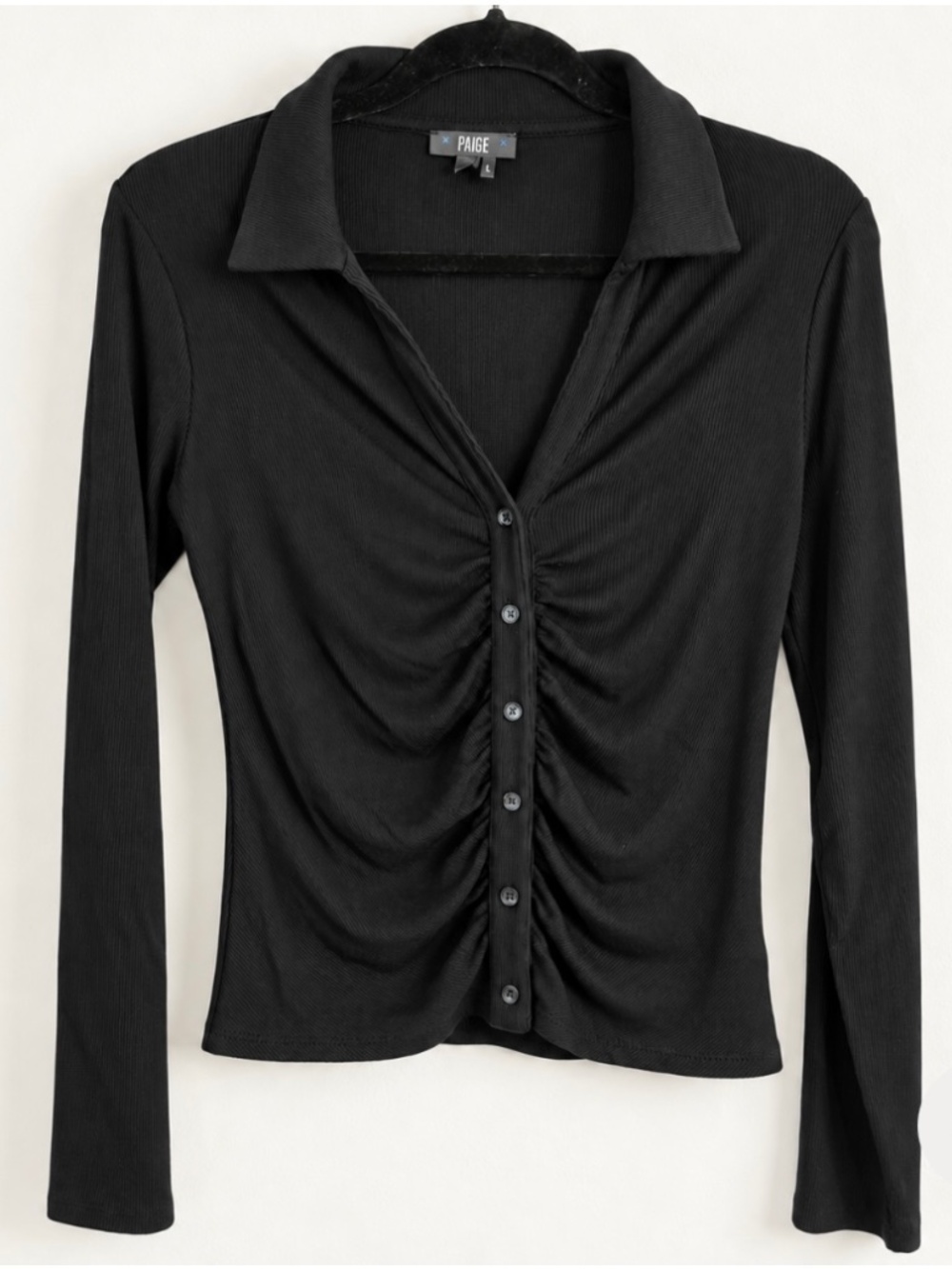 PAIGE Ribbed Black Ruched Button-Front Collared Collared Top — Size L - Picture 4 of 4
